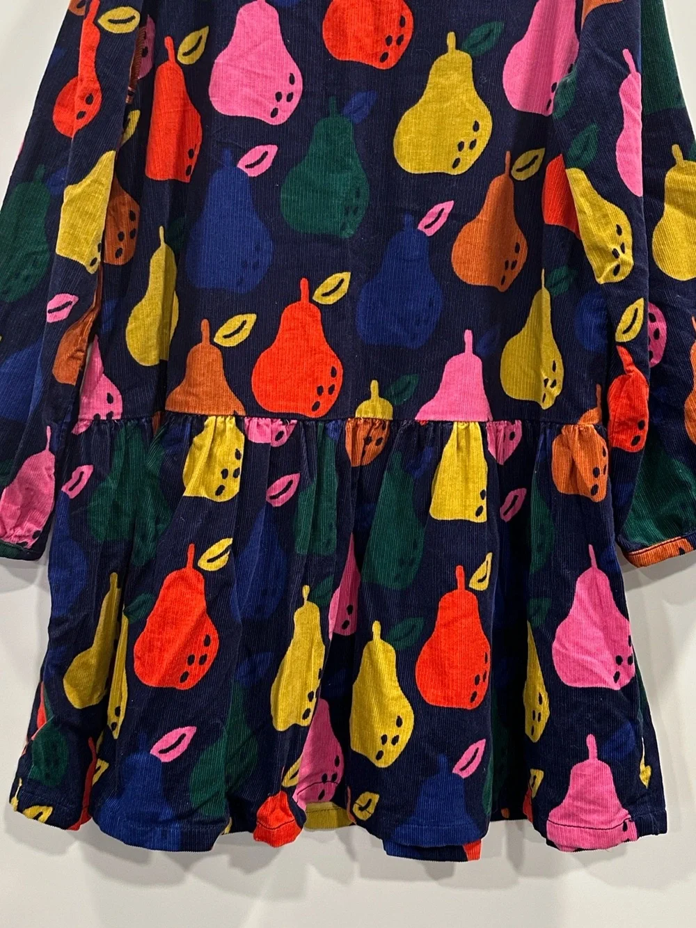 Hanna Andersson Corduroy Dress Long Sleeve Navy Colorful Pear Print Size 120 6/7